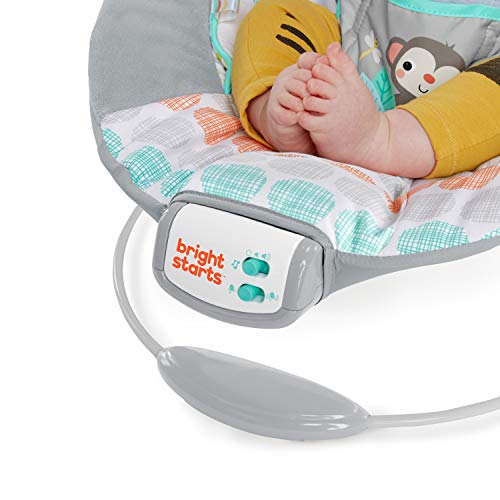 Bright Starts Comfy Baby Bouncer Soothing Vibrations Infant Seat - Taggies, Music, Removable -Toy Bar, 0-6 Months Up to 20 lbs (Whimsical Wild)