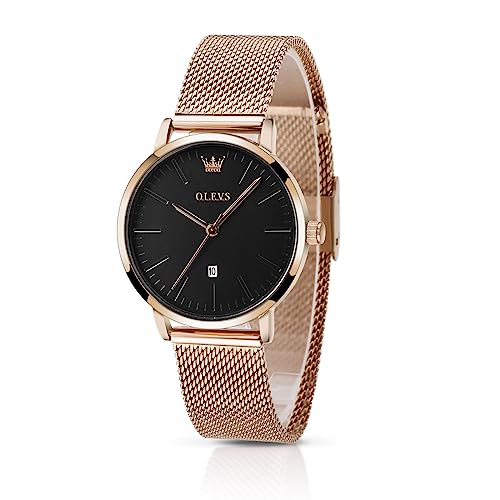 OLEVS Women's 6.5mm Ultra Thin Watch Silver, Rose Gold Stainless Steel Watch with Date, Quartz Analog Waterproof Mesh Bracelet Ladies Watch Small Wrist