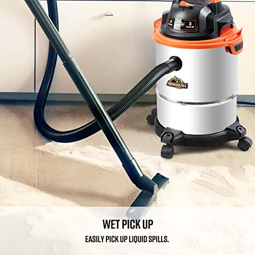 Armor All VO408S 0901 4 Gallon Wet/Dry Vac 3.0 Peak HP Shop Vacuum with 3 Nozzles and 1 Brush, Stainless Steel Tank, Orange