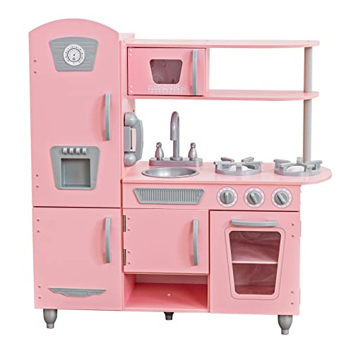 KidKraft Vintage Wooden Play Kitchen with Pretend Ice Maker and Play Phone, Pink