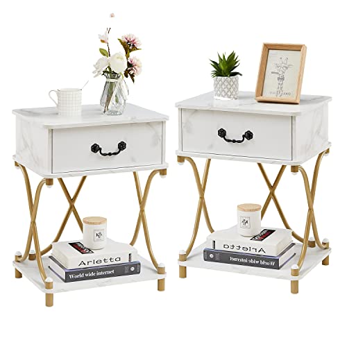 VECELO White and Gold Nightstands Set of 2 with Drawer for Bedroom, Endtable Bedside Table with Storage & Open Shelf for Living Room, Modern Style