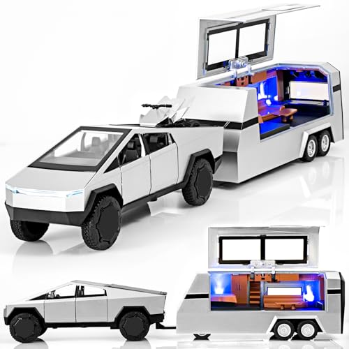 Amazon Truck and Trailer Toys for Boys 1/32 Diecast Truck and Trailer Model Kit,Toy Truck and Trailer Set with Sound and Light,Pull Back Toy Truck with Trailer,Toy Trucks for Boys Age 4-7（Silver）