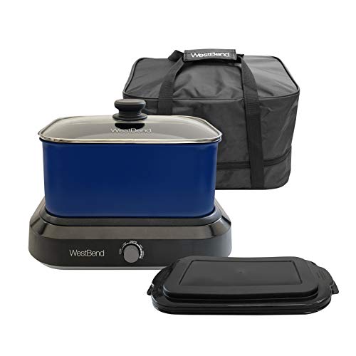 West Bend 87906B Slow Cooker, Large-Capacity Non-Stick Crockpot with Variable Temperature Control, Travel Lid and Thermal Carrying Case, 6 Qt, Blue