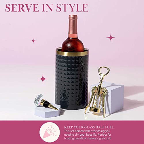Paris Hilton Wine Bottle Chiller Set, Insulated Double Wall Chiller, Gold Winged Corkscrew Wine Bottle Opener, Diamond Wine Stopper, 3-Piece Set, Charcoal Gray