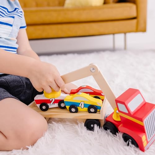 Amazon Melissa & Doug Magnetic Car Loader Wooden Toy Set with 4 Cars and 1 Semi-Trailer Truck Crane Wooden Toy, Vehicle Toys for Kids Ages 3+