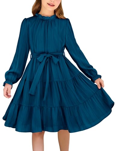 Amazon Arshiner Girls Long Sleeve Dress Tween Fall Formal Party Holiday Midi Tiered Flowy Swing Dresses with Belt 5-13 Y