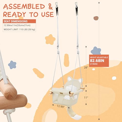 Amazon Wooden Hanging Baby Swing with Soft Safety Belt, Cozy Infant Swing Seat for Indoor & Outdoor Use, Adjustable Height, Includes Mounting Hardware – Suitable for Babies & Toddlers(Fox-Themed in Beige)