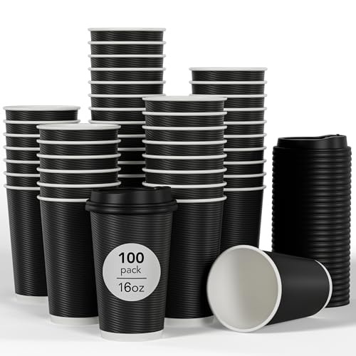 DAILYLIFE 16oz Insulated Black Disposable Coffee Paper Cups with Lids- 100 Pack, Takeaway for All Hot Drinks, Leak Proof Design, Ideal for Chocolate, Lemonade, Tea, Milk