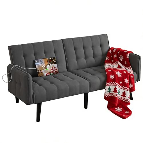 Amazon TYBOATLE 65“ Convertible Futon Sofa Bed w/ 2 USB, Upholstered Tufted Small Adjustable Folding Couch Loveseat, Modern Mid Century Sleeper Sofa for Living Room, Bedroom, Apartment, Office (Dark Grey)