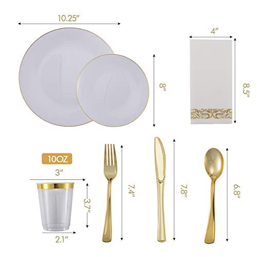 Vplus 175 Count Gold Rim Plastic Plates Sets, Disposable Dinnerware Sets for Wedding Party, Include 25 Dinner Plates,25 Dessert Plates,25 Forks,25 Knives,25 Spoons,25 Cups,25 Napkins (Gold Rim)