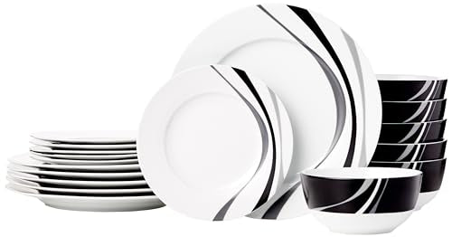 Amazon Basics 18-Piece Kitchen Dinnerware Set, Plates, Dishes, Bowls, Service for 6, Swirl