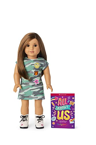 American Girl Truly Me 18-Inch Doll 107 with Brown Eyes, Layered Straight Brown Hair, Light-to-Medium Skin with Warm Undertones, Camo T-Shirt Dress