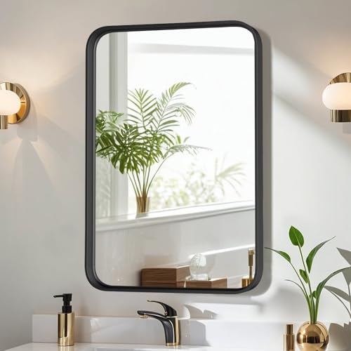 Amazon Bathroom Mirror for Wall, 30x22 Inch Rounded Rectangle Mirror, Black Metal Framed Bathroom Vanity Mirror for Restroom Farmhouse, Anti-Rust, Tempered Glass, Horizontally or Vertically Hanging
