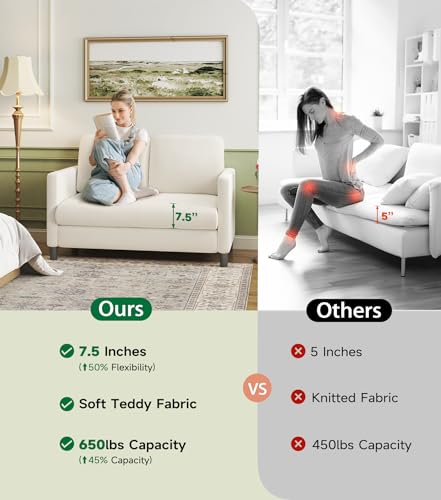 Amazon 51" Sofas for Living Room, Comfy Loveseat Sofa, Teddy Fleece Love Seat Couch, Tool-Free Setup Couches for Living Room, All-Wood Sofa Couches, Small Couch No Pillow, Beige