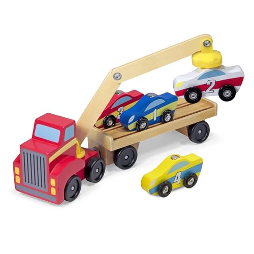 Amazon Melissa & Doug Magnetic Car Loader Wooden Toy Set with 4 Cars and 1 Semi-Trailer Truck Crane Wooden Toy, Vehicle Toys for Kids Ages 3+