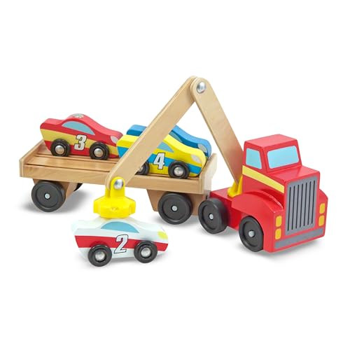 Amazon Melissa & Doug Magnetic Car Loader Wooden Toy Set with 4 Cars and 1 Semi-Trailer Truck Crane Wooden Toy, Vehicle Toys for Kids Ages 3+