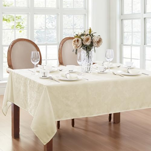 ELRENE HOME FASHIONS Caiden Elegance Damask Waterproof, Stain & Wrinkle Resistant Fabric Tablecloth, 60" x 144" Oblong/Rectangle, Ivory