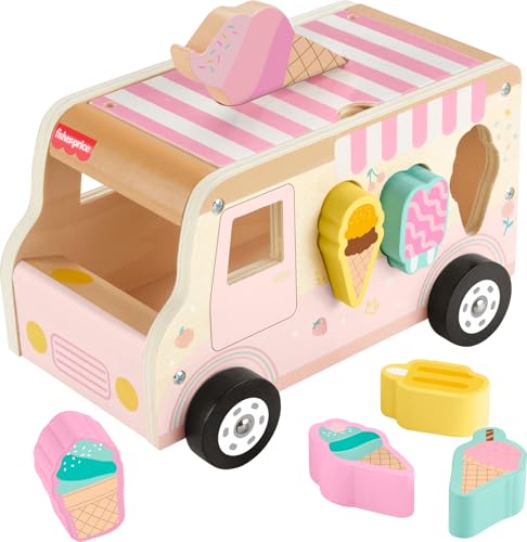 Amazon Fisher-Price Wood Toddler Toy Ice Cream Truck Shape Sorter Set, 9 Wooden Pieces for Developmental Play Kids Ages 18+ Months (Amazon Exclusive)