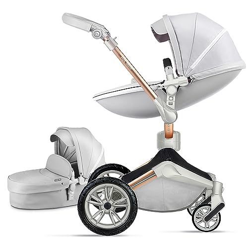 Hot Mom Baby Stroller 360 Degree Rotation Function, Pu Leather Baby Bassinet and Seat Combo Pushchai & Pram, Grey