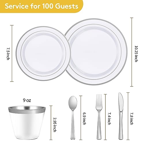 600 Piece Disposable Silver Plates for 100 Guests, Plastic Dinnerware Set of 100 Dinner Plates, 100 Salad Plates, 100 Spoons, 100 Forks, 100 Knives, 100 Cups, Plastic Plates for Party, Weeding