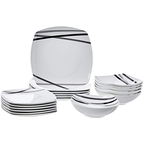 Amazon Basics 18-Piece Kitchen Dinnerware Set - Square Plates, Bowls, Service for 6 - Modern Beams