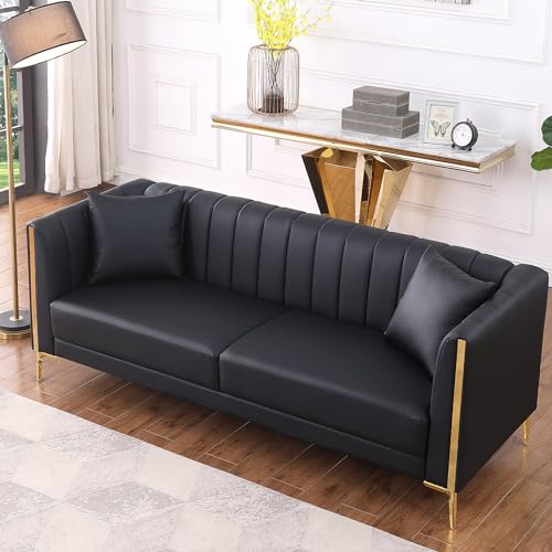 Amazon FOTOSOK 78'' Sofa, Black Couches for Living Room, Comfy Sofas Faux Leather Sofa 3 Seater Couches with 2 Throw Pillows and Gold Metal Legs, Deep Seat Sofas for Home, Office (Black)