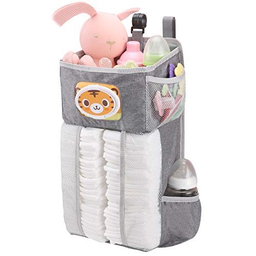 Accmor Hanging Baby Diaper Caddy Organizer with Paper Pocket, Diaper Stacker, Baby Crib Hanging Classified Storage Bag Organizer for Changing Table, Crib, Playard or Wall & Nursery Organization, Grey