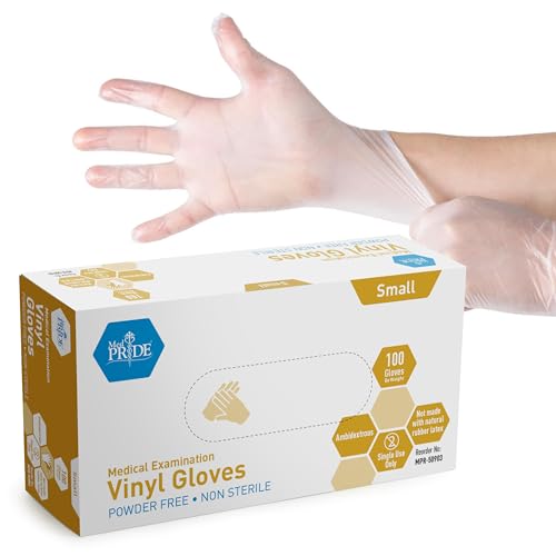 MED PRIDE Medical Vinyl Examination Gloves (Small, 100-Count) Latex & Rubber Free, Ultra-Strong, Clear Disposable Powder-Free Gloves for Healthcare & Food Handling Use