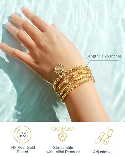 doubgood Gold Beaded Bracelets for Women, Stackable Gold Bracelets for Women Men 14K Real Gold Plated Stretch Bead Ball Bracelet with Letter Pendant