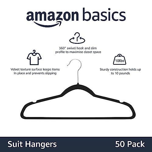 Amazon Basics Slim, Velvet, Non-Slip Suit Clothes Hangers, Black/Silver - Pack of 50