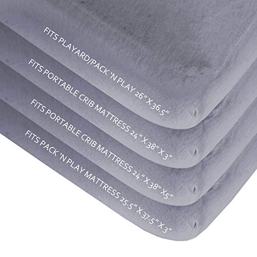 Biloban Pack and Play Sheets Fitted, 2 Pack Pack and Play Sheet Fits for Graco Pack n Play Mattress, Neutral Playard Sheets for Baby Boys and Girl, Grey & White, 38”X 26”