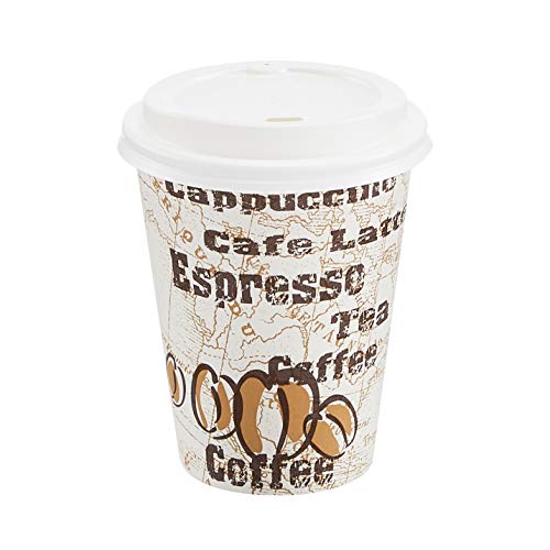 Amazon Amazon Basics to Go Hot Paper Coffee Cups with Lids, 12 oz, Café Design, Disposable, 100-Count