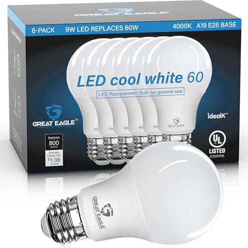 Amazon Great Eagle A19 LED Light Bulbs 60 Watt Equivalent - UL Listed - Cool White 4000K LED Light Bulb - 9W Non Dimmable, 800 Lumens (6 Pack)