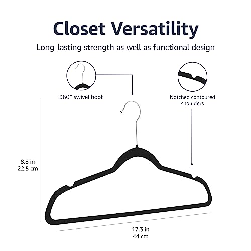 Amazon Basics Slim, Velvet, Non-Slip Suit Clothes Hangers, Black/Silver - Pack of 50