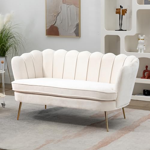 Amazon 59” Small Modern Chenille Loveseat Sofa, 2-Seater Sofa with Gold Metal Legs, Small Couch with Flower Shaped Back for Living Room Bedroom Office (Beige & Chenille)