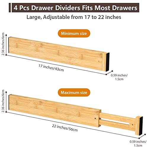 Amazon 4 PCS Drawer Divider, 17"-22" Adjustable Bamboo Drawer Dividers Organizers, Expandable Separators for Kitchen, Clothes, Dressers, Home, Office