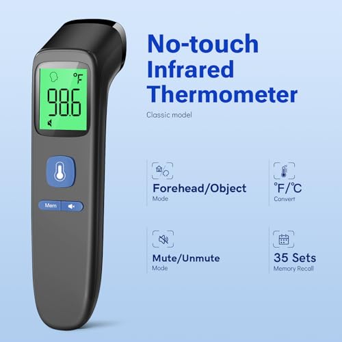 Non-Contact Thermometer for Adults and Kids, Fast Accurate Thermometer with Fever Alarm, 1S Reading & Silent Mode (LCD-Black)