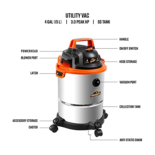 Armor All VO408S 0901 4 Gallon Wet/Dry Vac 3.0 Peak HP Shop Vacuum with 3 Nozzles and 1 Brush, Stainless Steel Tank, Orange