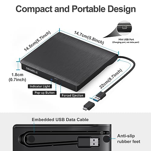 ORIGBELIE External CD/DVD Drive for Laptop, USB 3.0 CD Burner +/
