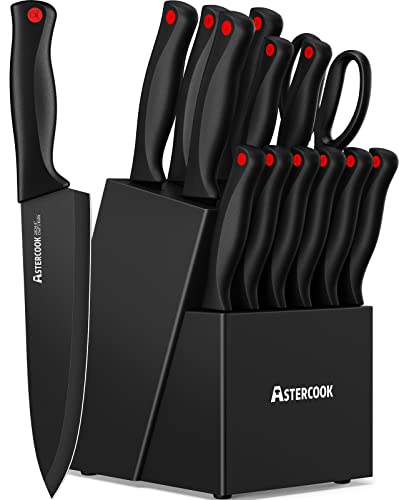 Knife Set, Astercook 15 Pieces Knife Sets for Kitchen with Block, Dishwasher Safe Kitchen Knife Set with Built in Sharpener Block, German Stainless Steel Knife Block Set, Black