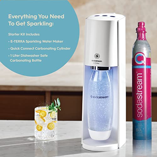 SodaStream E-TERRA Sparkling Water Maker Bundle (White), with CO2, Carbonating Bottles, and bubly Drops Flavors