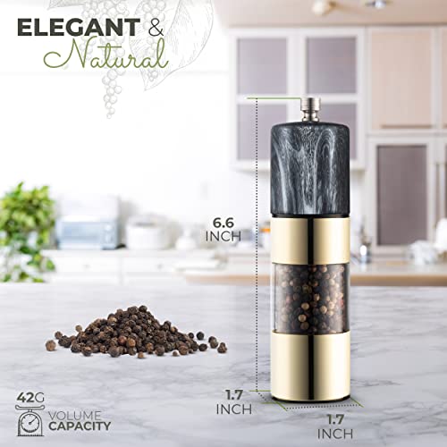 Peppermate Pepper Grinder - Easily Refillable Stainless Steel Pepper Mill Grinder with Real Marble Finish Top, Ceramic Blades, Adjustable Coarsness, (Dark)