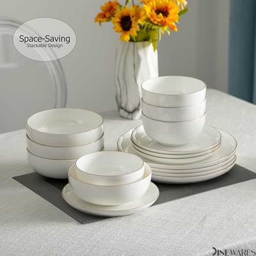 Amazon Perlaceo Luxurious Collection Bone China Dinnerware Set-Lightweight and Durable-Service for 4 or 8, Including Dinner, Salad Plates, and Cereal or Soup Bowls, 16-Pc, White w/Gold Rim