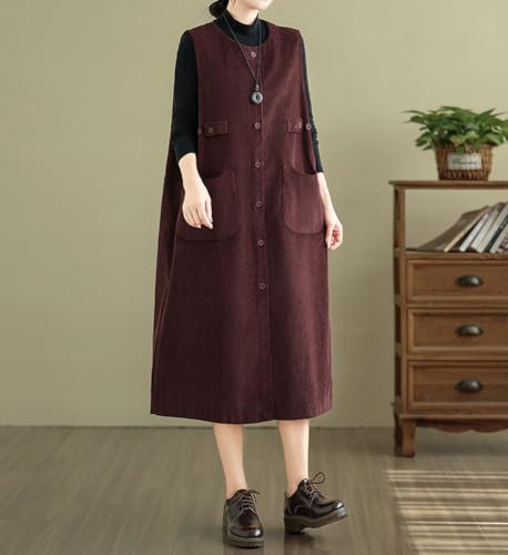 Amazon chouyatou Women's Cute Corduroy Overall Jumper Dress Button Down A Line Tank Midi Long Dress with Pockets