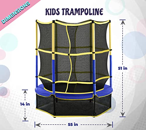 Machrus Bounce Galaxy 60 Inch Indoor Trampoline with Safety Net Enclosure, Spring-Free Enclosed Mini Trampoline for Toddlers, & Kids with Bonus Stuffed Toy and Keychain