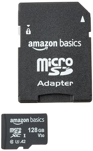 Amazon Basics Micro SDXC Memory Card with Full Size Adapter, A2, U3, Read Speed up to 100 MB/s, 128 GB, Black