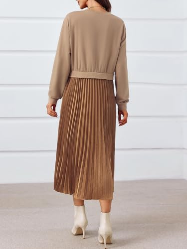 Amazon Wenrine Womens Sweatshirt Dress Casual Patchwork Long Sleeve Crewneck Pleated Fall Maxi Dresses