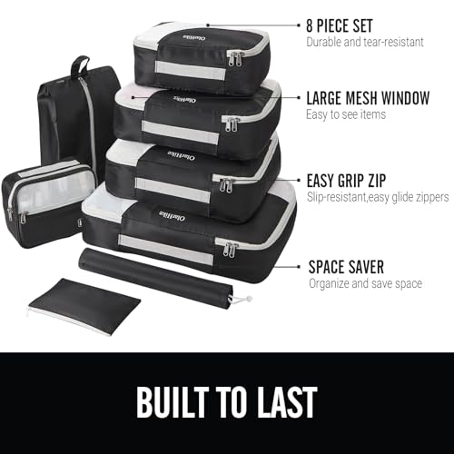 OlarHike 8 Set Packing Cubes for Travel, 4 Various Sizes(Extra Large,Large,Medium,Small), Luggage Organizer Bags for Travel Accessories Travel Essentials, Travel Cubes for Carry on Suitcases (Black)