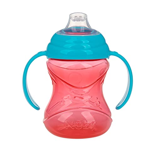 Nuby 3 Piece No-Spill Grip N’ Sip Silicone Cup with Soft Flex Spout, 2 Handle with Clik It Lock Feature, Boy, 10 Ounce