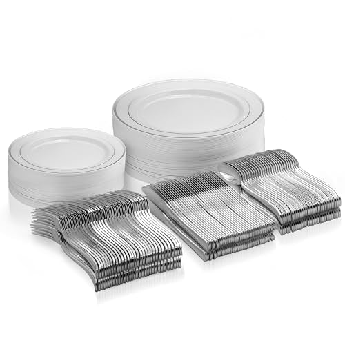 125 Piece Silver Dinnerware Party Set - 50 Silver Rim Plastic Plates, 25 Dinner 25 Dessert Plates, 25 Knives, 25 Forks, 25 Spoons - 25 Guest Disposable Set for Wedding Birthday Parties